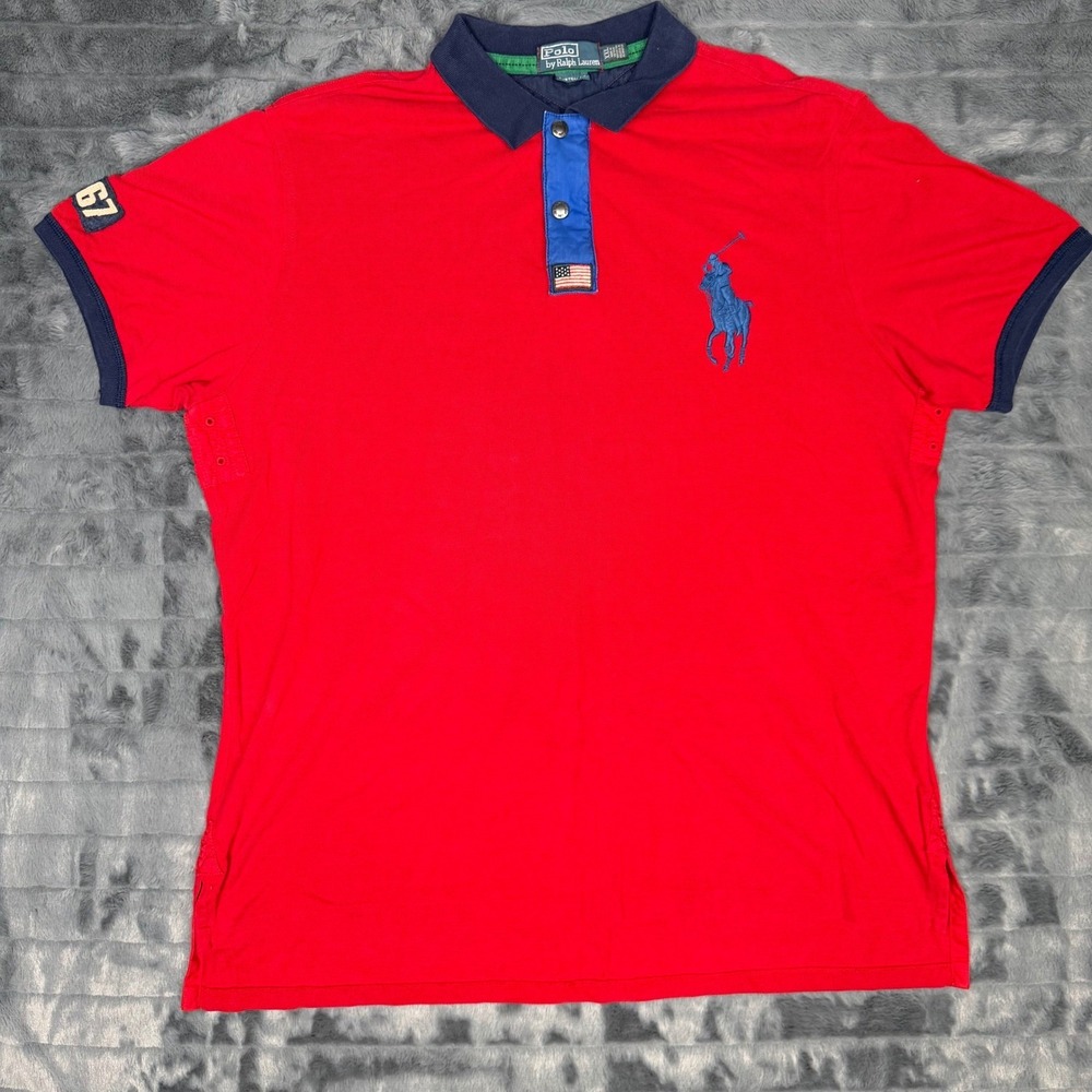 Polo Ralph Lauren Red Big Pony Polo Shirt Mens XXL Custom Fit Navy Trim 67 Patch